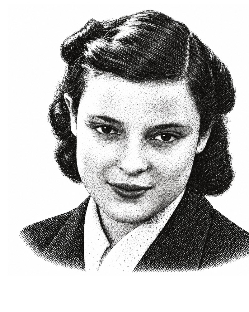 Faye Schulman as a young woman: close portrait with dark hair parted at the side, smiling slightly, in a dark jacket and patterned collar.